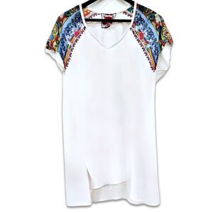 Johnny Was Silk Contrast Short Sleeve High Lo Tunic Top